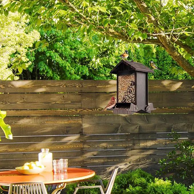 Squirrel Proof Bird Feeder for Outdoor Hanging,Metal Bird Seed Feeder with Bilateral Weight Activated Perches,5LB Large Capacity Wild Bird Feeders for Outside,Easy Refill and Clean,Brown by GreenHaven Gardens
