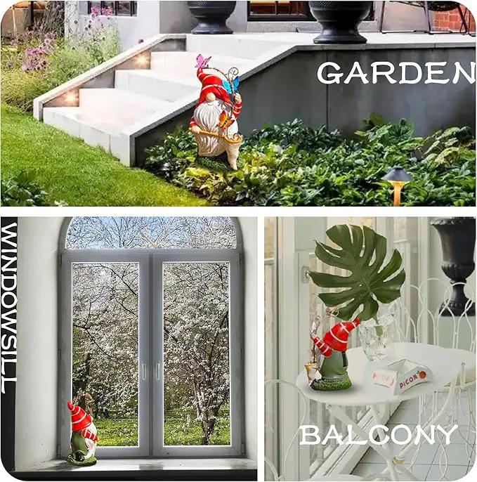 Solar Powered Gnome Garden Statue with Iron Butterflies - LED Lighted Garden Decorations, Resin Gnome with Butterfly Net, Gifts for Women and Men，Outdoor Decor Ornaments for Outside by GreenHaven Gardens