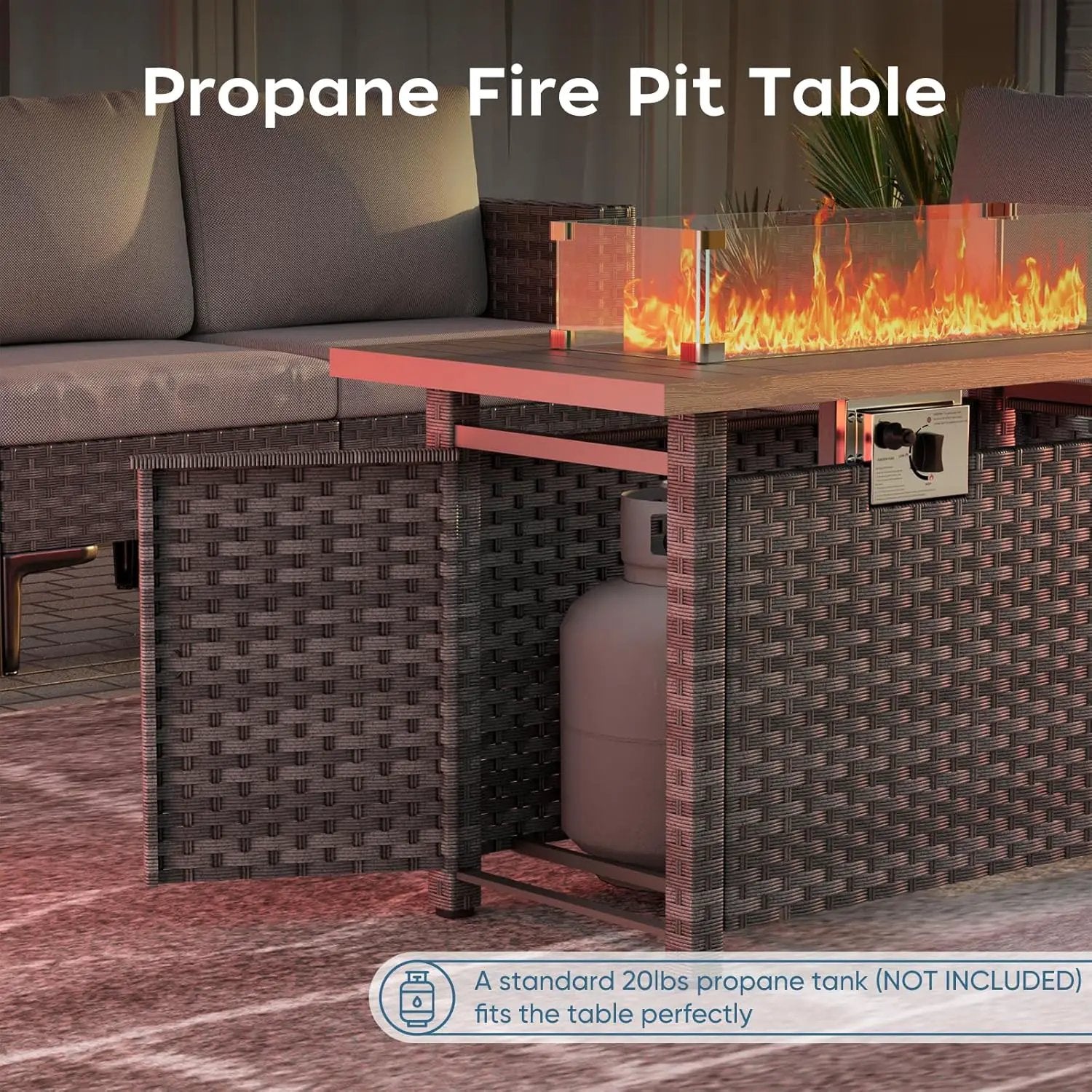 Propane Fire Pit Table Outdoor,44" 60000BTU Auto-Ignition Fire Table with Wind Guard Square Large Wicker Firepits for Porch Garden(Grey,CSA Certified) by GreenHaven Gardens