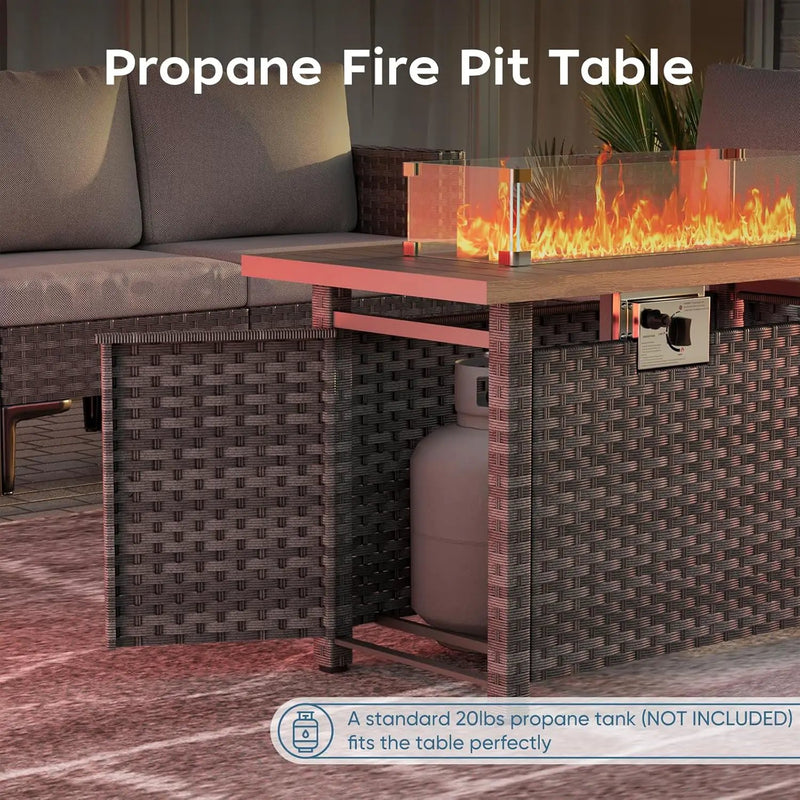 Propane Fire Pit Table Outdoor,44" 60000BTU Auto-Ignition Fire Table with Wind Guard Square Large Wicker Firepits for Porch Garden(Grey,CSA Certified) by GreenHaven Gardens