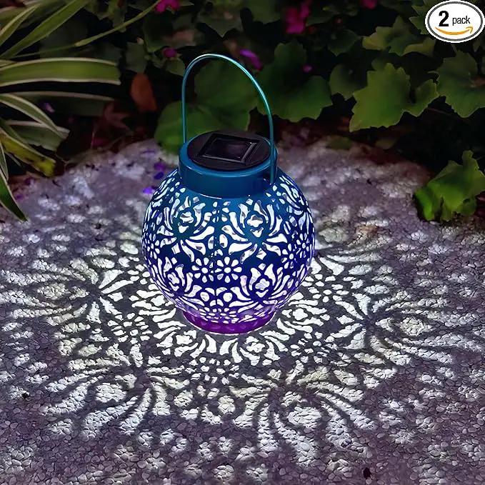 2 Pack Outdoor Solar Hanging Lantern Lights Metal LED Decorative Lamp for Garden Patio Courtyard Lawn and Table with Hollowed-Out Design (Royal Purple) by GreenHaven Gardens