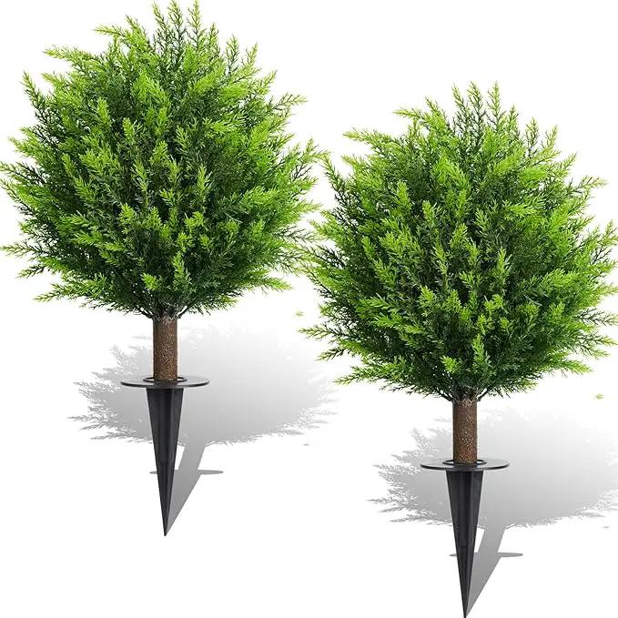 26.5" Artificial Cedar Topiary Ball Trees, Set of 2 UV Resistant Fake Evergreen Trees Shrubs Bushes Artificial Plants with Ground Spike Faux Cypress Plants for Indoor Outdoor Front Porch Garden by GreenHaven Gardens