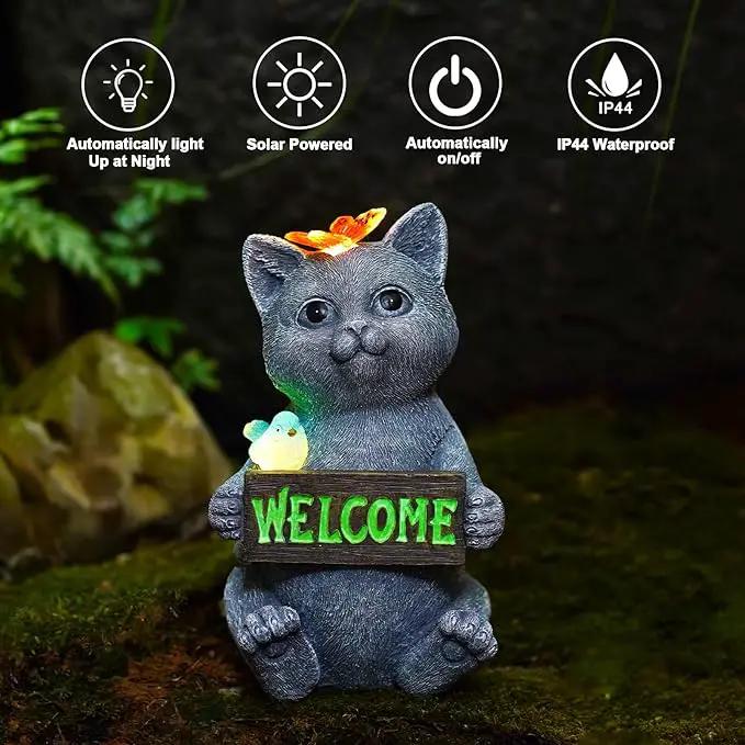 Goodeco Solar Cat with Welcome Sign - Outdoor Cat Statue with Solar Butterfly & Bird Lights - Perfect Cat Decor for Cat Lovers, Ideal Housewarming Gifts for Women & Moms (Gray) by GreenHaven Gardens