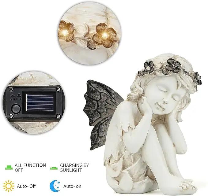 Leekung Ivory White Resin Sculpture, Angel Figurine with Solar Powered Lights for Outdoor Decor, Garden Decorations & Memorial Gifts by GreenHaven Gardens