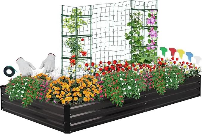 ONCEMORE Galvanized Raised Garden Bed for Vegetables Flowers Herbs, Metal Raised Garden Bed Kit with 2 PCS Tomato Cage, Gloves, Trellis Netting, Plant Labels, Plant Ties, Black 6×3×1FT by GreenHaven Gardens