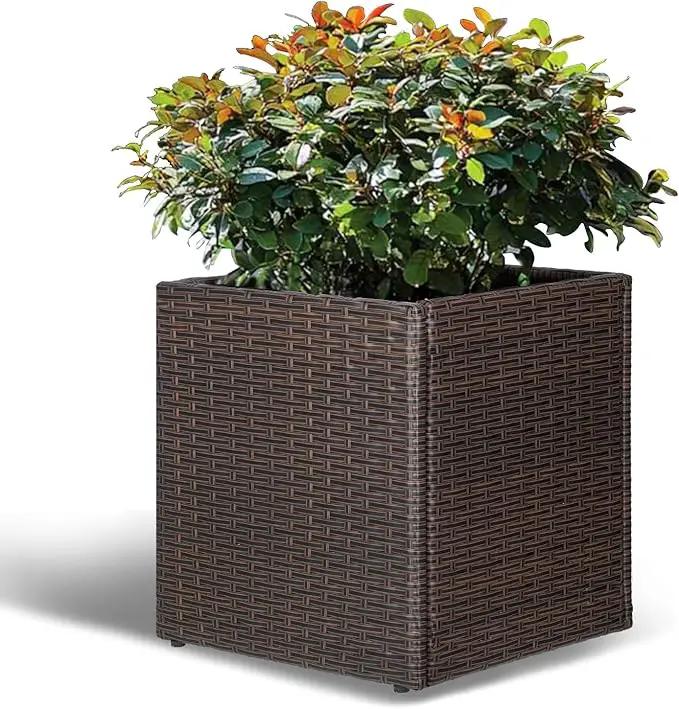 LEWIS&WAYNE Large Square Planter Box Handmade Wicker Tall Planters for Outdoor Plants with Removable Liners Modern Planter for Indoor Outdoor Garden Patio Front Porch - Brown, 17''x17''x18'' by GreenHaven Gardens