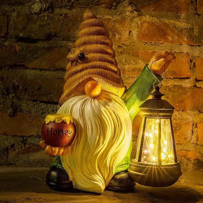 12.3''Solar Garden Gnome Outdoor Decor Honey Bee jar Gnome Statue with LED Lantern Fall Patio Yard Art Decoration Christmas Gardening Birthday Gifts for Women Mom, Honey Bee Gnome by GreenHaven Gardens