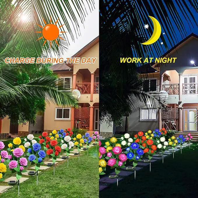 Solar Flower Lights Outdoor - Upgraded New Material Two Modes Realistic LED Solar Powered Waterproof Lights with 5 Roses, Solar Decorative Stake Lights for Garden (Blue, 1 Pack) by GreenHaven Gardens