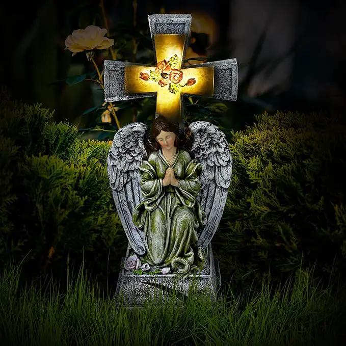 Yiosax-Solar Angels for Cemetery-Garden Statue Lights Decor - Before The Cross on One Knee Wings Praying Angel Figurine Bless You Cemetery Patio Lawn Yard Porch Decorations by GreenHaven Gardens
