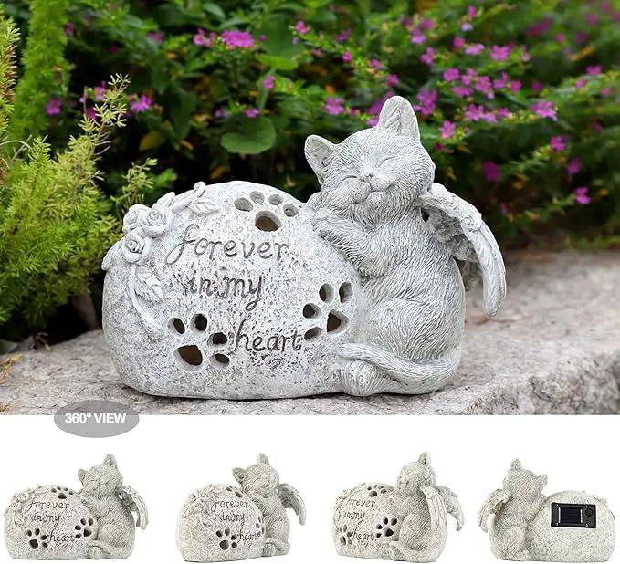 Cat Memorial Gifts Outdoor Statue with Solar Lights,Outdoor Resin Pet Ornament Grave Memorial Angel Decor Stone Effect by GreenHaven Gardens