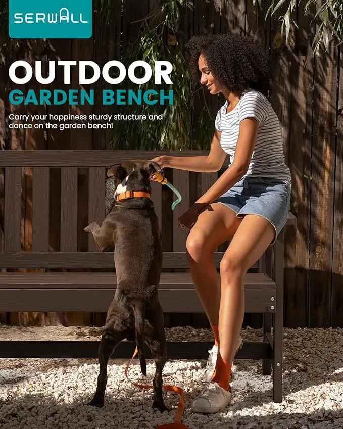 SERWALL Outdoor Bench, HDPE Outdoor Benches Weatherproof, 2-Person Garden Bench with 660 lbs Weight Capacity, Patio Benches for Outdoors, Garden, Porch, Backyard and Park, Coffee, 2 Pack by GreenHaven Gardens