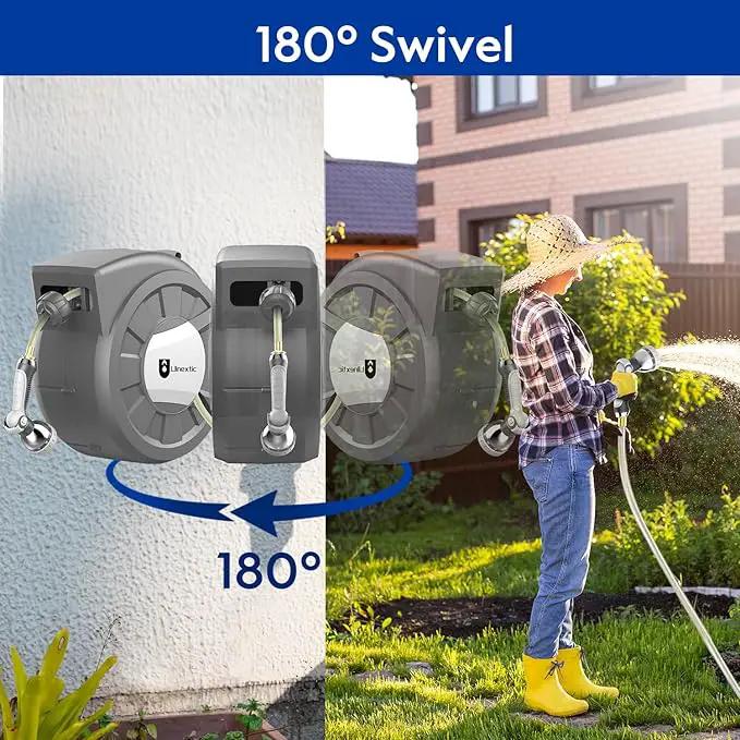 Retractable Garden Hose Reel, 1/2 in x 125 ft Wall Mounted Hose Reel, 10-Pattern Spray Nozzle, Any Length Lock/Slow Return System/Wall Mounted/180°Swivel Bracket by GreenHaven Gardens
