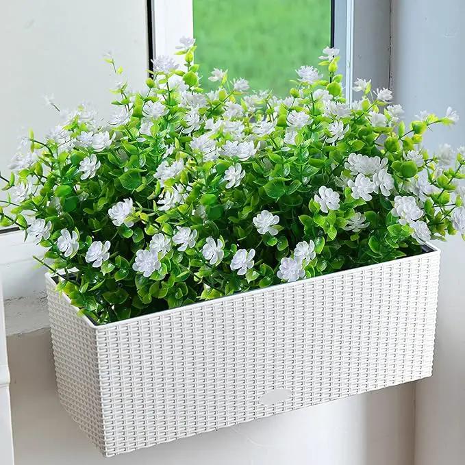 Artificial Plants Flowers Grass Shrubs 8 Pack No Fade Faux Plastic Flowers Outdoor for Vases Farmhouse Garden Porch Patio Office Indoor Wedding Decoration Greenery Fake Plants (2#White) by GreenHaven Gardens