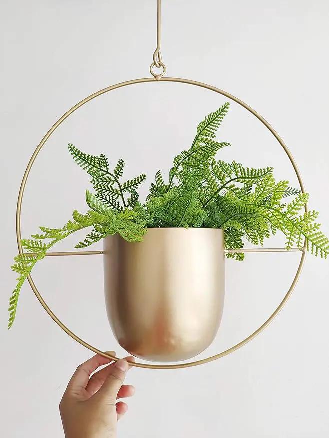 Boho Gold Metal Plant Hanger,Metal Wall and Ceiling Hanging Planter, Modern Planter, Mid Century Flower Pot Plant Holder, Minimalist Planter for Indoor Outdoor Home Decor by GreenHaven Gardens