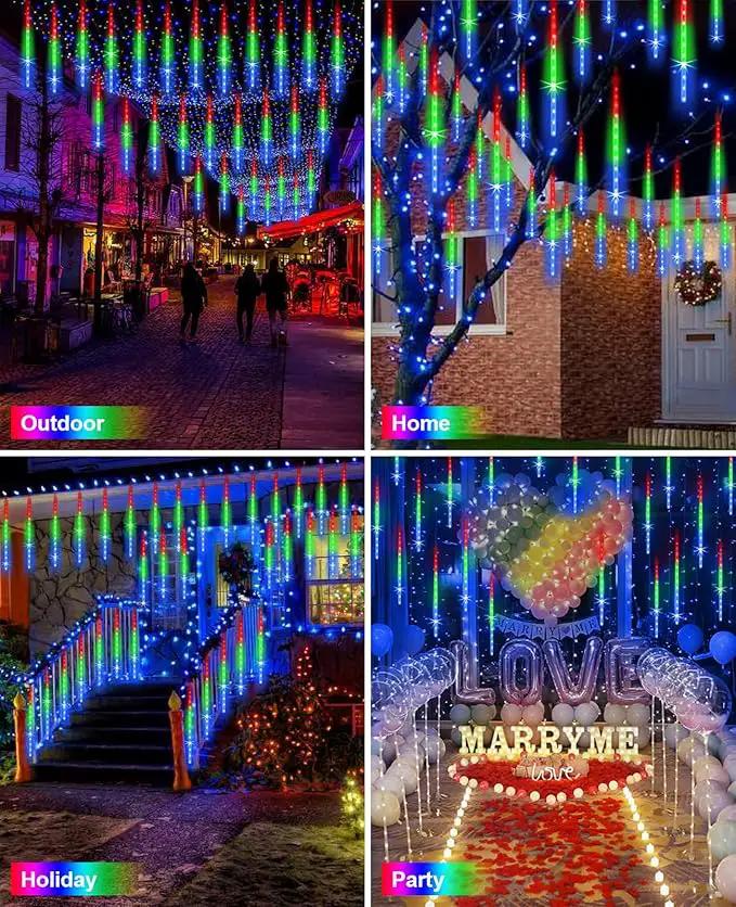Meteor Shower Lights Outdoor Solar Meteor Lights Falling Rain Lights 16 Tubes 16 Inch 576LED Cascading Snowfall Christmas Lights for Holiday Wedding New Year Party Yard House Roof Tree Mall Decoration by GreenHaven Gardens