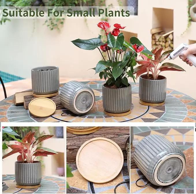 TAMAYKIM 5.25 Inch Ceramic Plant Pots with Drainage Holes and Saucers, Modern Flower Pots with Trays for Indoor Planters, Snake Plant, Succulent, Cactus and Herbs, Set of 4 by GreenHaven Gardens