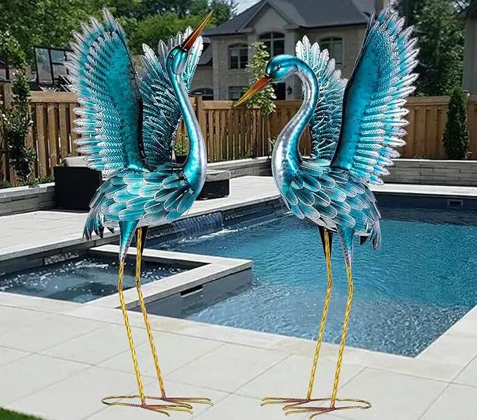 Natelf Garden Crane Statues for Outdoor, Blue Heron Decoy Courtyard Sculptures, Standing Metal Bird Yard Art for Patio Pond Backyard Decor(Set of 2) by GreenHaven Gardens