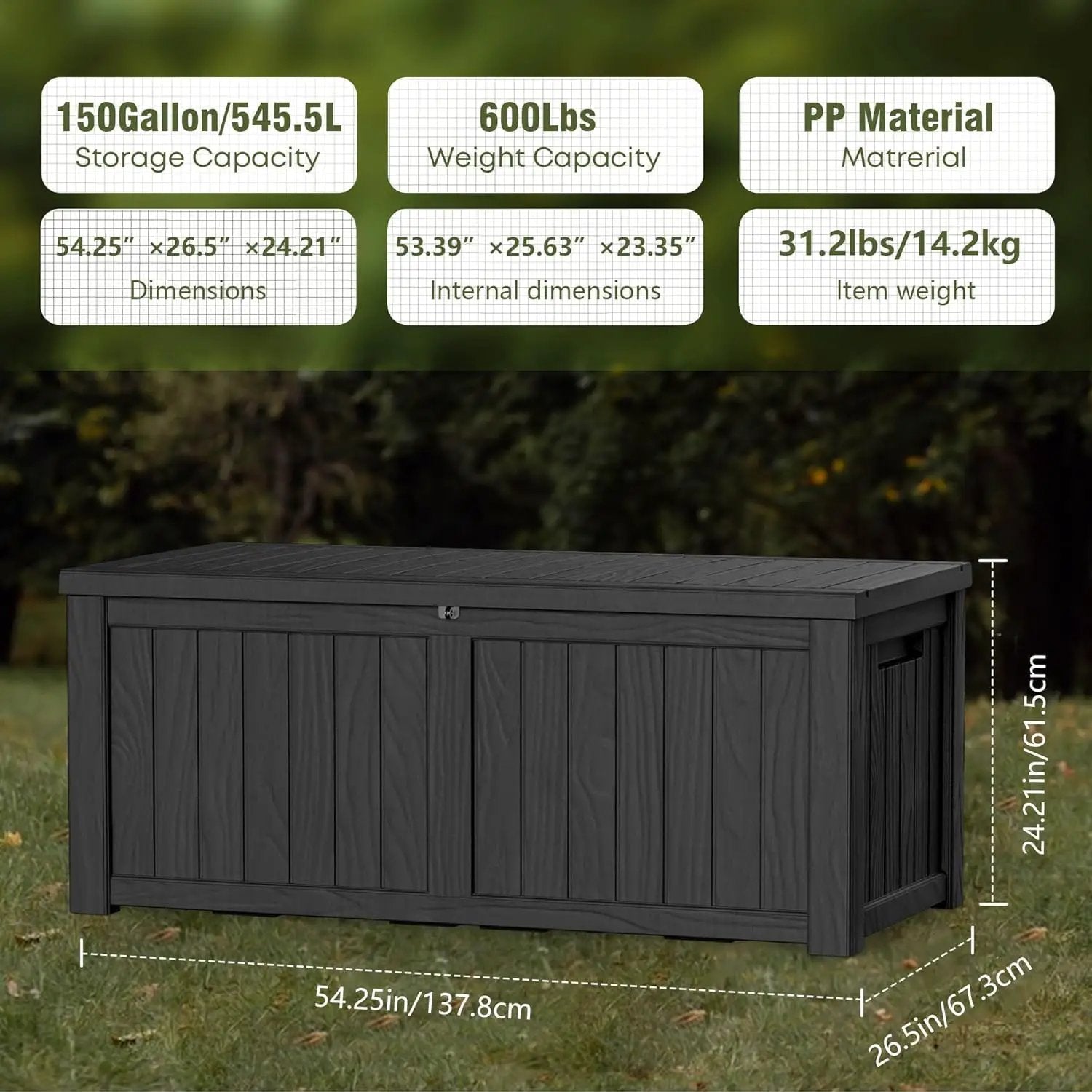 150GAL Black Large - Capacity Outdoor Deck Box with Lockable Compartment – Waterproof, SGS - Shielded UV Resistance, Ideal for Storing Large Patio Furniture Sets & Seasonal Decor by GreenHaven Gardens