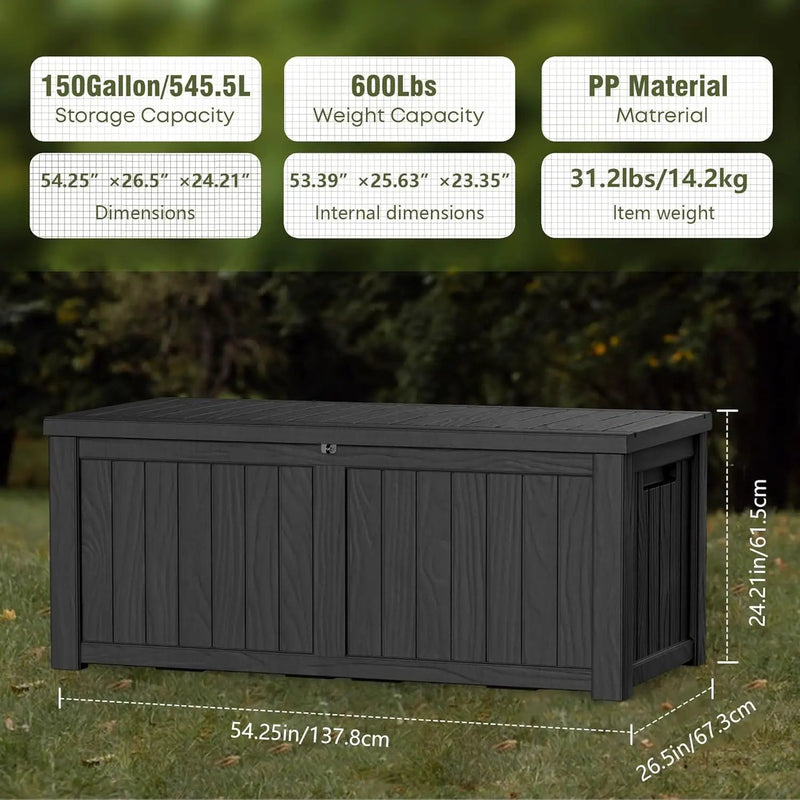 150GAL Black Large - Capacity Outdoor Deck Box with Lockable Compartment – Waterproof, SGS - Shielded UV Resistance, Ideal for Storing Large Patio Furniture Sets & Seasonal Decor by GreenHaven Gardens