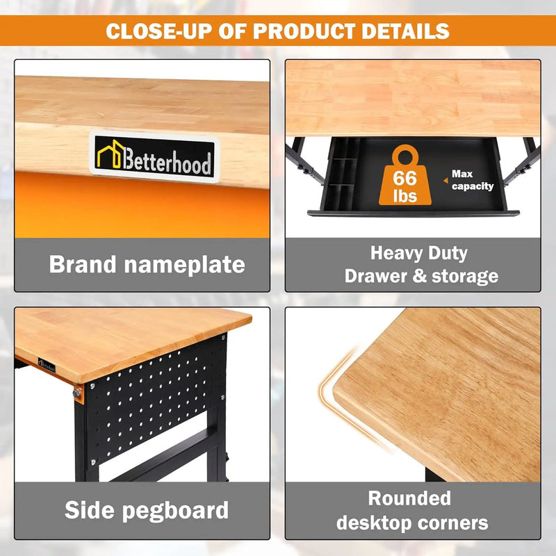 60" Adjustable Workbench for Garage, Rubber Wood Shop Table W/Wheels & Double Pegboards & Drawer, 2000 LBS Load Capacity Hardwood Worktable for Workshop, Garage, Office, Home, Commercial by GreenHaven Gardens