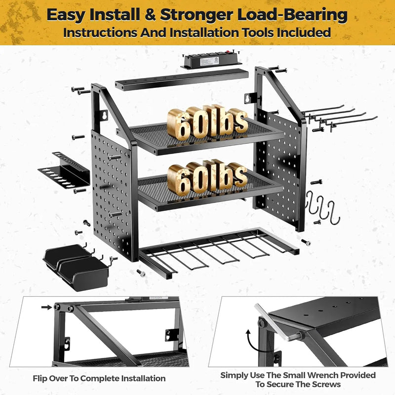 LBT Heavy Duty Metal Power Tool Organizer Wall Mount with 4 Outlet Charging Station & Drill Holder, 4 Layer Garage Storage Rack 120LB, Gift for Men Dad Husband (Workshop, Anniversary, Father's Day) by GreenHaven Gardens