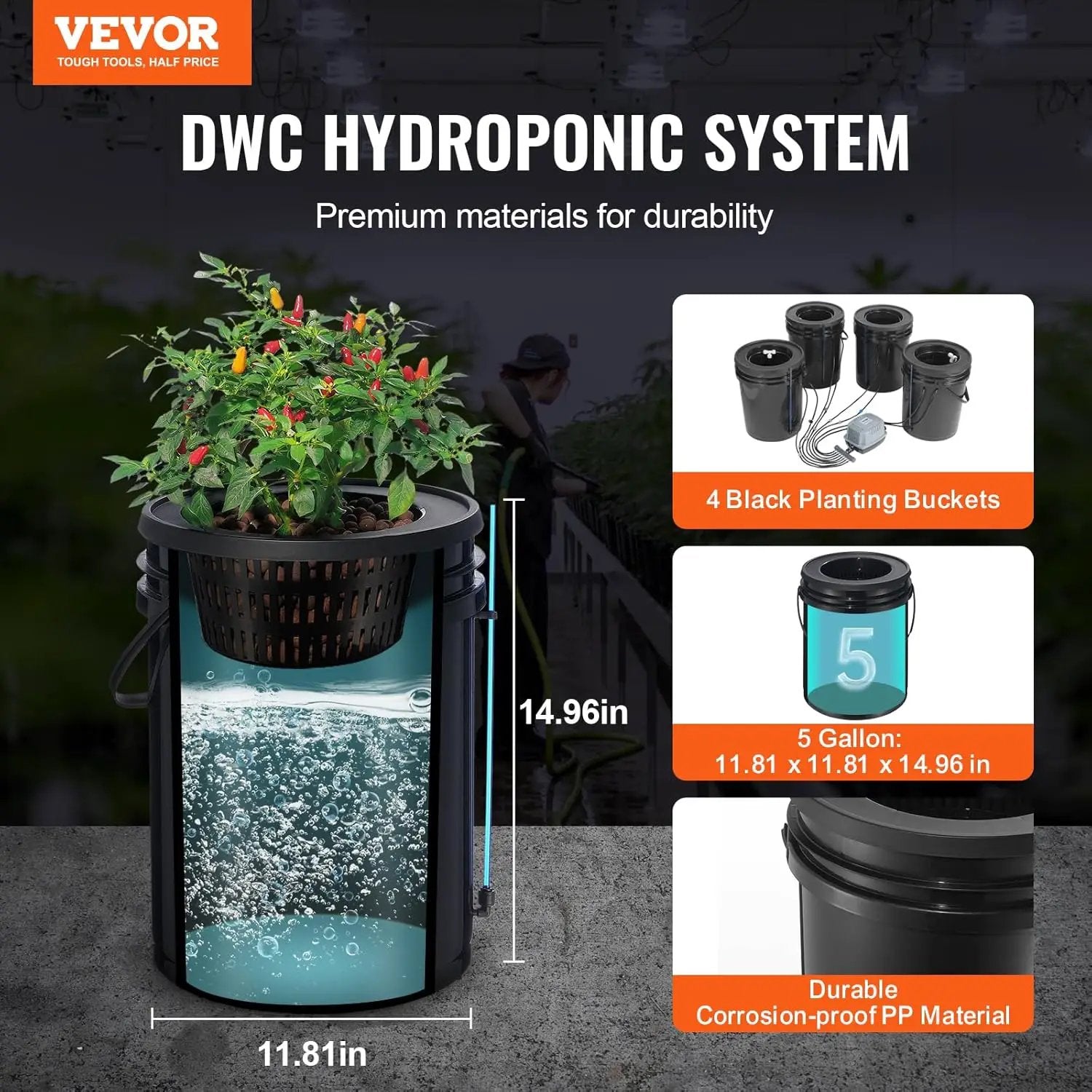 VEVOR DWC Hydroponics Grow System, Hydroponic Growing System with Top Drip Kit, Deep Water Culture 5-Gallon 4 Buckets, with Air Pump, Air Stones and Water Level Device for Leafy Vegetables by GreenHaven Gardens