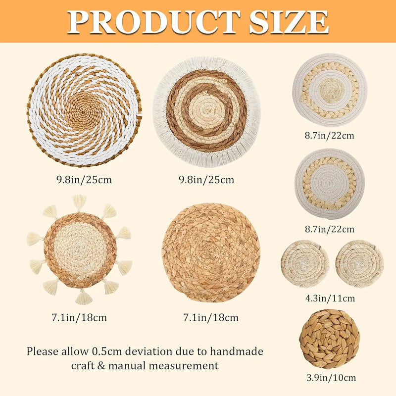 Boho Wall Basket Decor Set of 9, Woven Hanging Wall Decor Seagrass Rattan Wicker Round Handmade Rustic Flat Elegant Wall Art for Farmhouse Living Rooms Bedrooms Display Table Settings Kitchen Home by GreenHaven Gardens