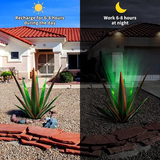 Large Tequila Rustic Sculpture, Rustic Metal Agave Plants for Outdoor Patio Yard, Home Decor Hand Painted Metal Agave Garden Yard Statue, Outdoor Lawn Ornaments (Red - L (W/Solar Light)) by GreenHaven Gardens