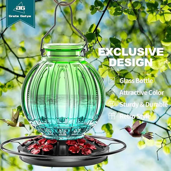Glass Hummingbird Feeder for Outdoors Hanging, Bird Nectar Feeder with Perch & 5 Flower Feeding Ports, 26 Oz Leak Proof for Outside Garden Decor Backyard, Gifts for Women Mom, Green & Blue by GreenHaven Gardens