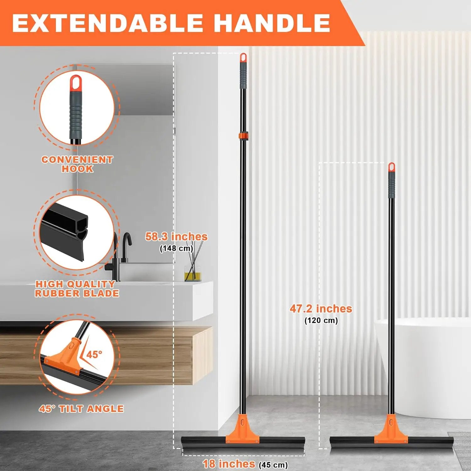 JEHONN Floor Squeegee Heavy Duty with 58.3 inches Long Handle, Rubber Scraper Broom for Cleaning Foam Water on Garage Concrete Bathroom Tile Marble Shower Glass Shop Deck Window Indoor Outdoor by GreenHaven Gardens