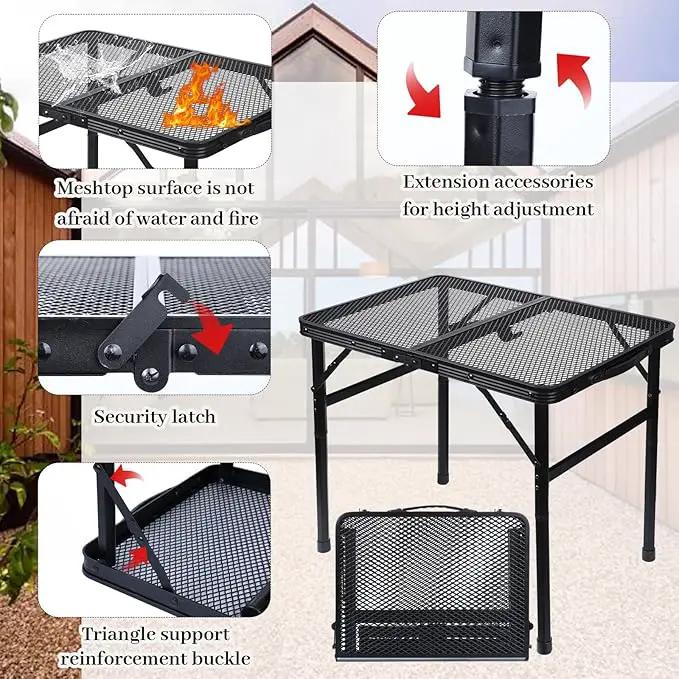 Folding Grill Table Metal Portable Camping Table with Mesh Desktop Lightweight & Foldable Height Adjustable Black Picnic Table for RV, BBQ Outside Inside by GreenHaven Gardens