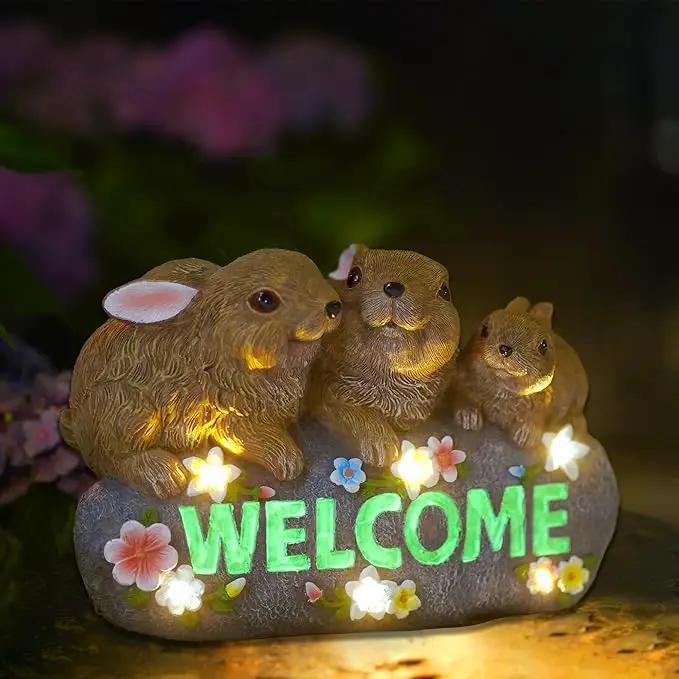 Solar Rabbits with Welcome Sign - Outdoor Bunny Decor with Solar LED Lights - Rabbit Garden Decor & Outdoor Light-Up Gifts for Women, Moms or Birthdays by GreenHaven Gardens