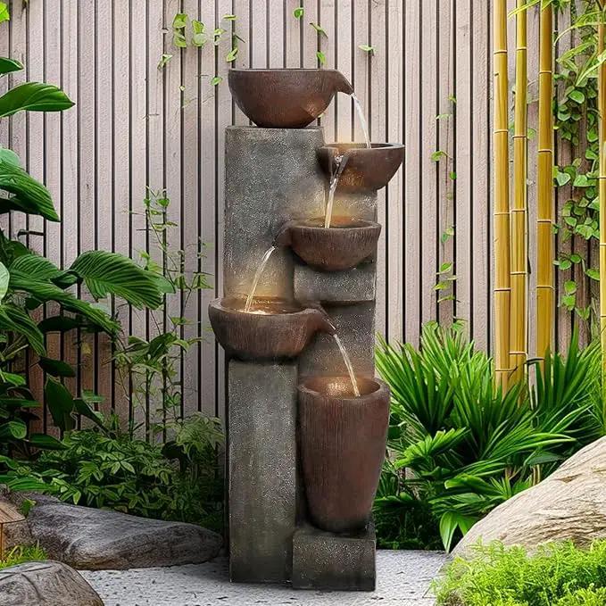 SunJet 5-Tier Cascading Indoor/Outdoor Water Fountain with LED Lights - 39.7" High Large Waterfall Floor Standing Fountain for Garden, Patio, Yard, and Deck Decor - Relaxing Outdoor Water Feature by GreenHaven Gardens