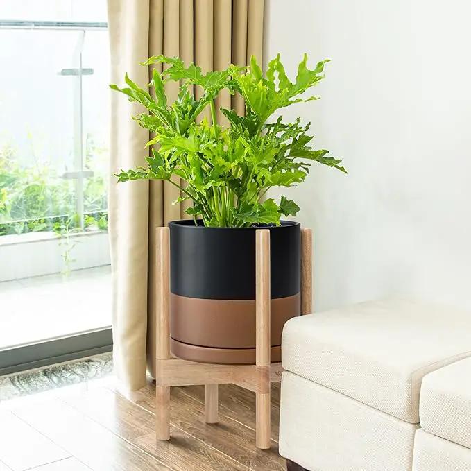 D'vine Dev Ceramic Planter with Natural Stand - 10 Inch Modern Round Flower Pot with Wood Planter Holder, Black/Speckled Tan, 55-B-K-7 by GreenHaven Gardens