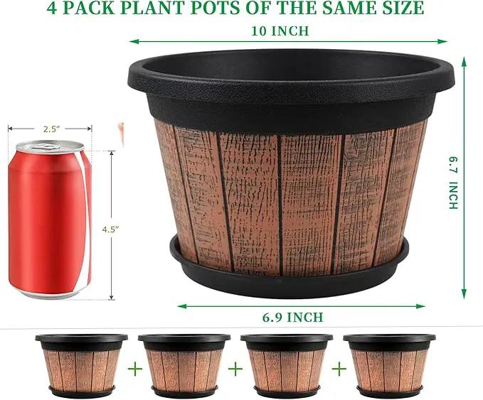 Quarut 4 Pack 10 inch Plant Pots,Upgrade Whiskey Barrel Planters with Drainage Holes & Saucer,Plastic Decoration Flower Pots Retro Design,Planters for Outdoor Indoor Garden Home Plants (Brown) by GreenHaven Gardens