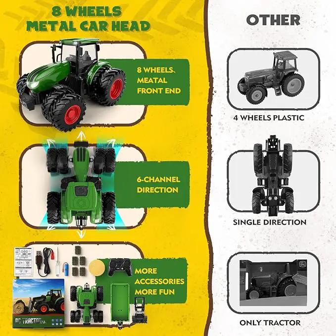 Remote Control Tractor Toy, Kids RC Tractor Set & Truck and Trailer Front Loader - Metal Car Head/8 Wheel/Light, Toddlers Farm Vehicle Toys for 3 4 5 6 7 8 9 Year Old Boys Girls Birthday Gift by GreenHaven Gardens