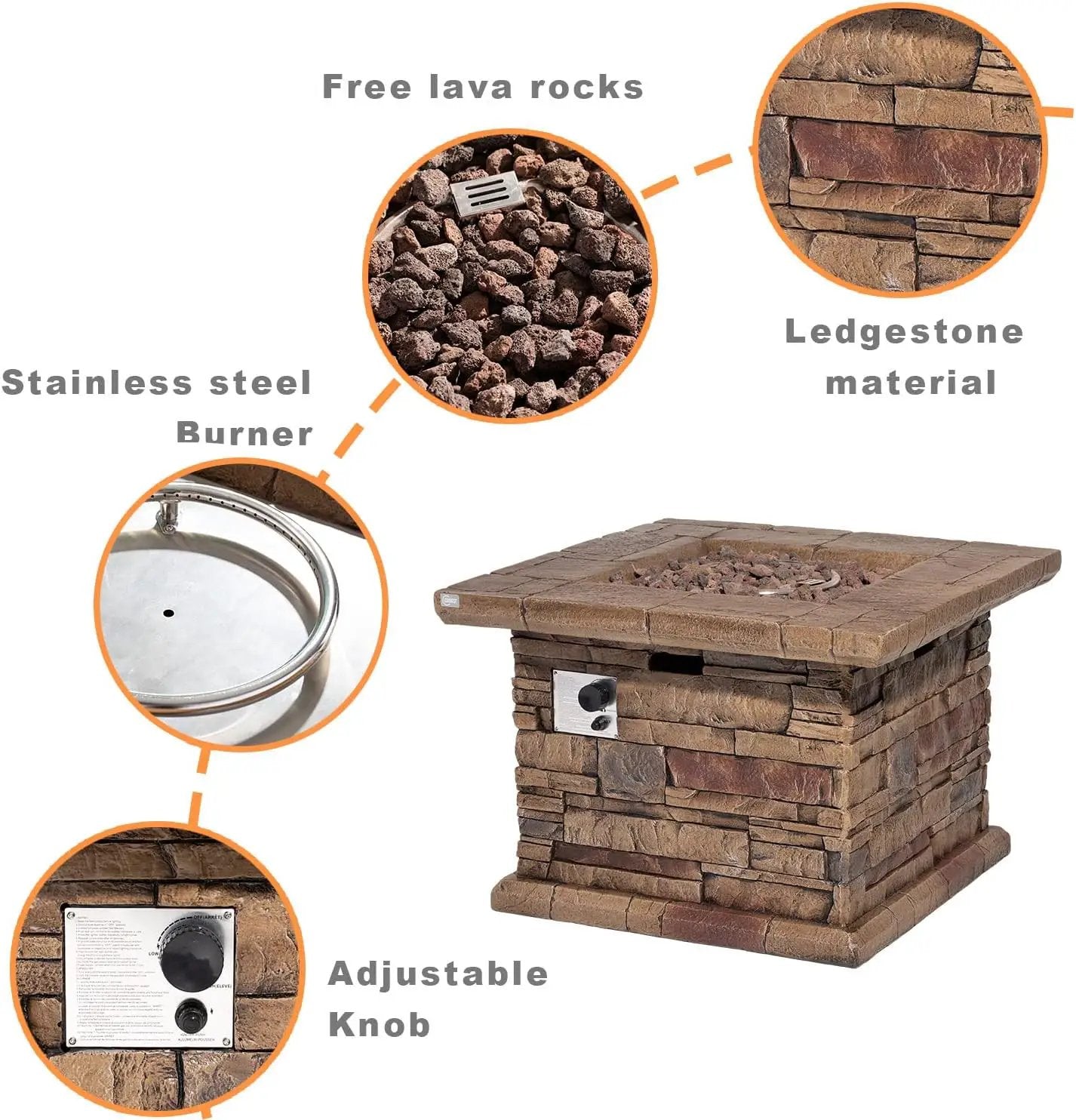 COSIEST Outdoor Propane Fire Pit Table w Faux Brown Ledgestone 32-inch Square Fire Table, CSA Certified, 50,000 BTU Stainless Steel Burner, Free Lava Rocks, Fits 20lb Tank Inside by GreenHaven Gardens