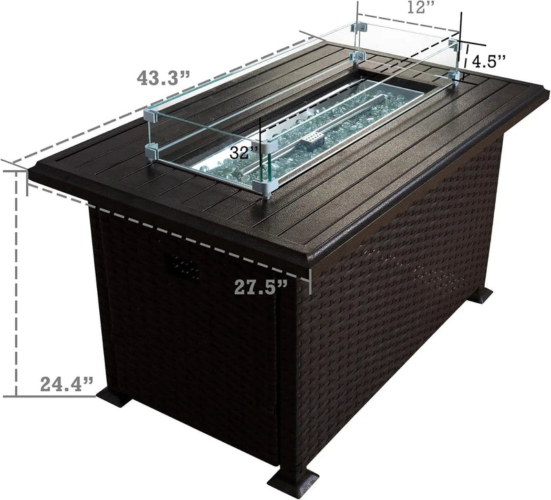 Kozyard Outdoor Patio Propane Gas Fire Pit Table - 50,000 BTU Wicker Design with Aluminum Tabletop, Glass Wind Guard, Clear Glass Rocks Slide Out Tank Holder - Ideal Patio Fire Table (Brown) by GreenHaven Gardens