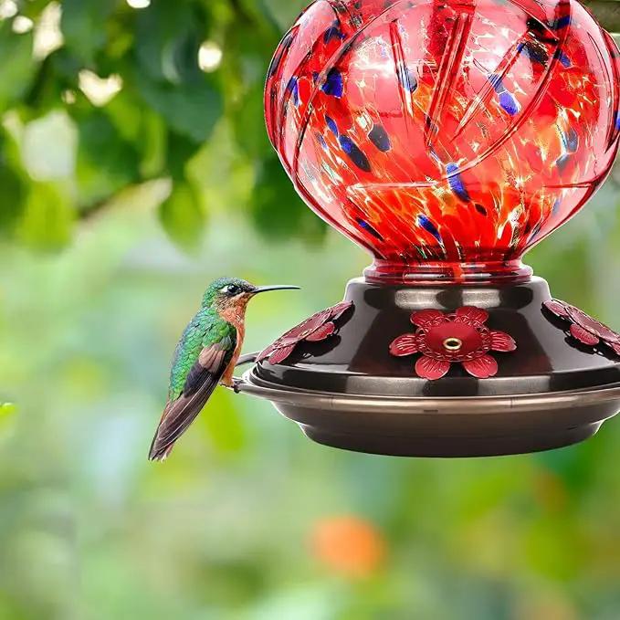 BOLITE Hummingbird Feeder, Hand Blown Glass Hummingbird Feeders for Outdoors Hanging, with Ant Moat and 5 Feeding Ports, 22 Ounces, Peony Flower Shape, Red, Gifts for Women Men, Gifts for Mom Dad by GreenHaven Gardens