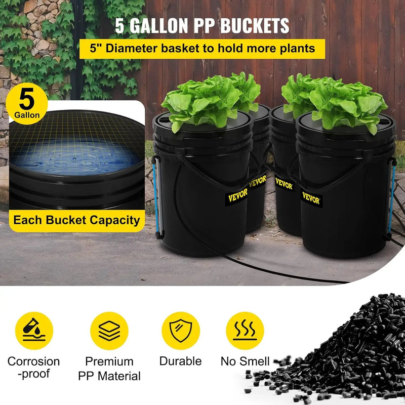 VEVOR DWC Hydroponic System, 5 Gallon 4 Buckets, Deep Water Culture Growing Bucket, Hydroponics Grow Kit with Pump, Air Stone and Water Level Device, for Indoor/Outdoor Leafy Vegetables by GreenHaven Gardens