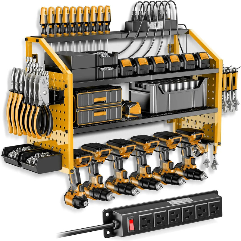 LBT Power Tool Organizer With Charging Station,Patented,Heavy Duty Steel,6 Drilling Rig Sizes With Hooks And Screw Boxes,6 sockets,Easy To Install Garage Storage Rack,Great Gift For Men, Yellow by GreenHaven Gardens