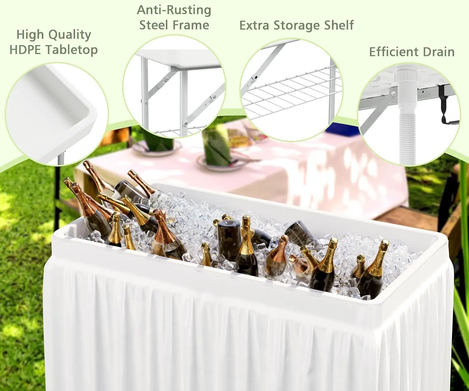 4 Foot Ice Cooler Table with Matching Skirt & Drain Hose, with Iron Stand, Portable Patio Outdoor Chilling Table Portable Bar for Events for Party, Picnic, BBQ, Camping (White) by GreenHaven Gardens