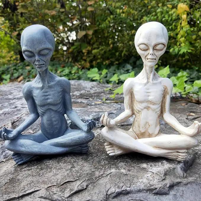 White Alien Statue, Resin Yoga Pose Alien Figure, 6.3" H Creative Yoga Alien Statue of The Thinker for Home Offcie Garden Decor Supplies by GreenHaven Gardens