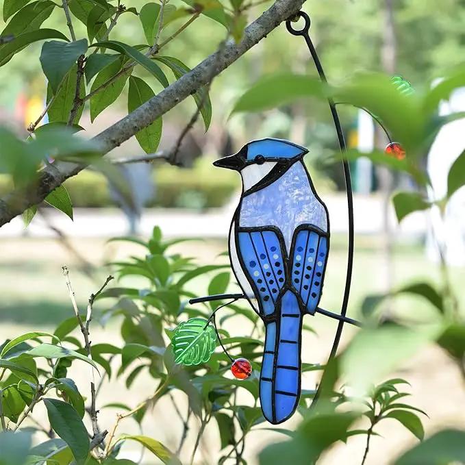 Lolitarcrafts Blue Jay Modern Stained Glass Window Hangings Blue Birds Suncathers for Window by GreenHaven Gardens