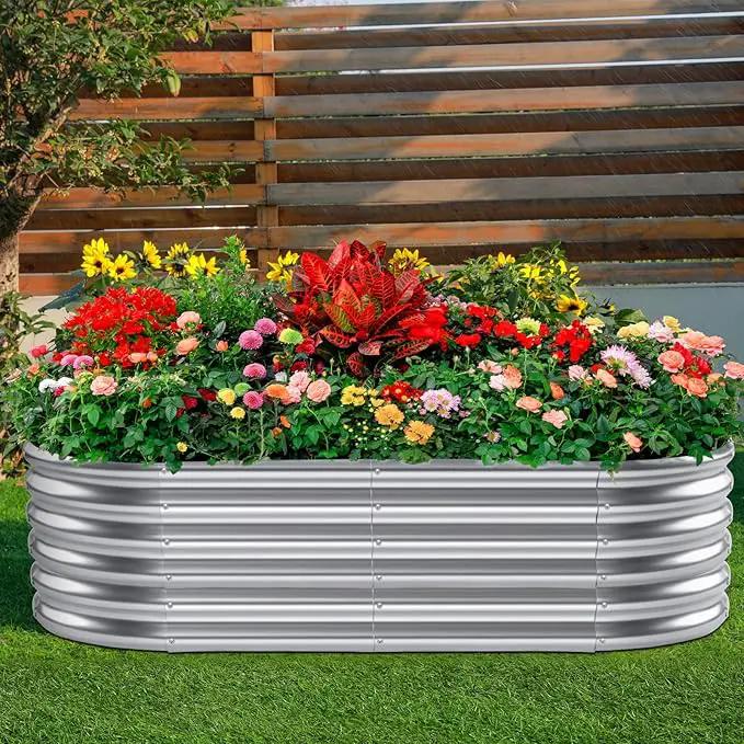 Land Guard 4×2×1.5ft Galvanized Raised Garden Bed Kit, Galvanized Planter Garden Boxes Outdoor, Oval Large Metal Raised Garden Bed for Vegetables……… (Classic Silver by GreenHaven Gardens