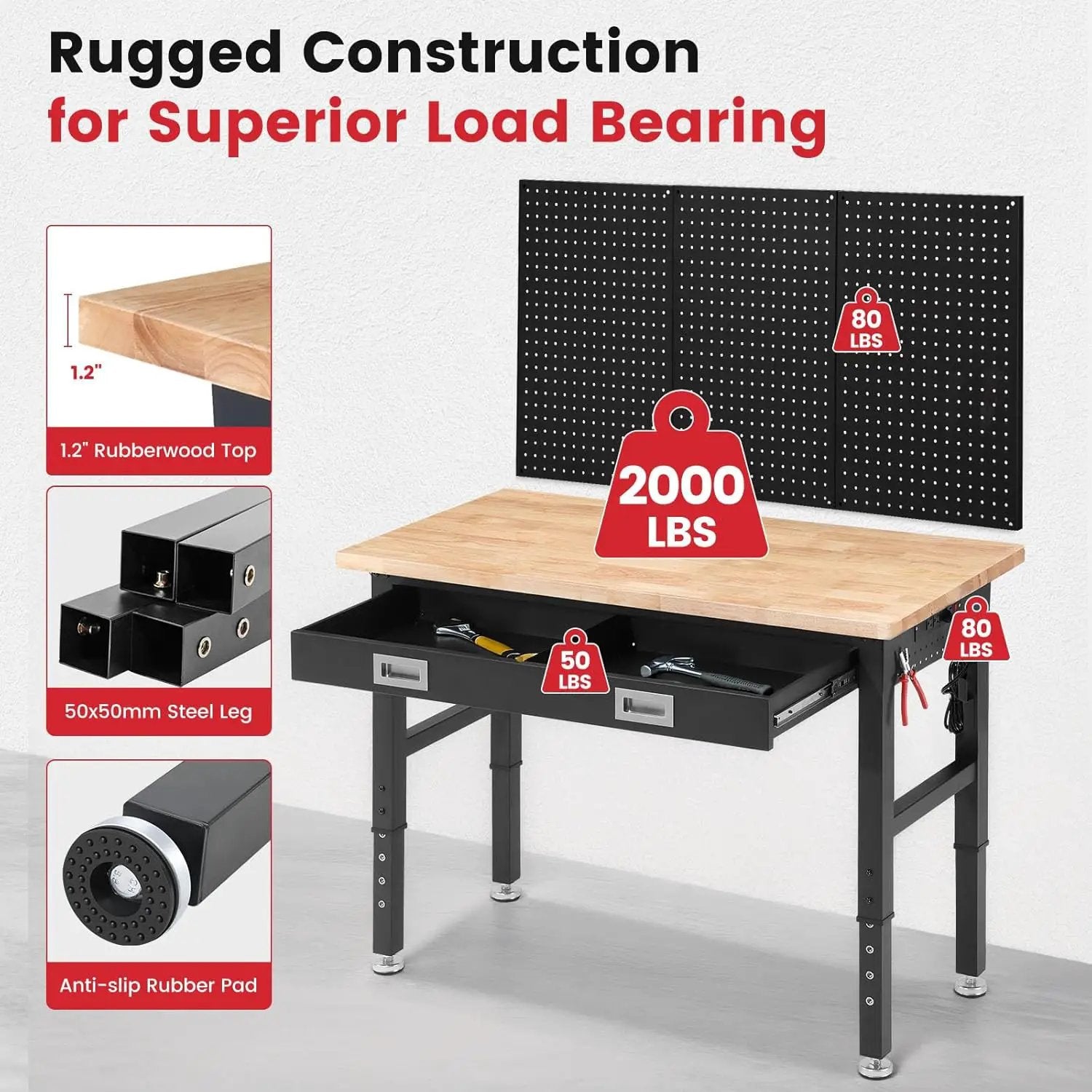 Workbench for Garage with Drawers 48 x 24 Inch Rubberwood Tabletop Work Table with Pegboard, Power Outlets Adjustable Height Work Bench for Woodworking Shop, Home, Office by GreenHaven Gardens