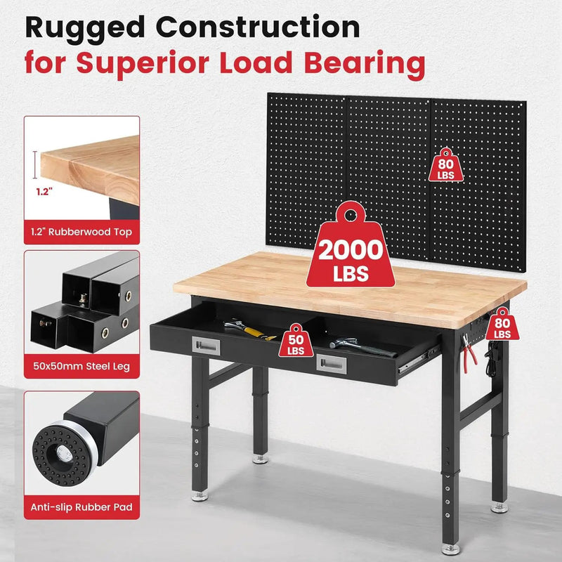 Workbench for Garage with Drawers 48 x 24 Inch Rubberwood Tabletop Work Table with Pegboard, Power Outlets Adjustable Height Work Bench for Woodworking Shop, Home, Office by GreenHaven Gardens