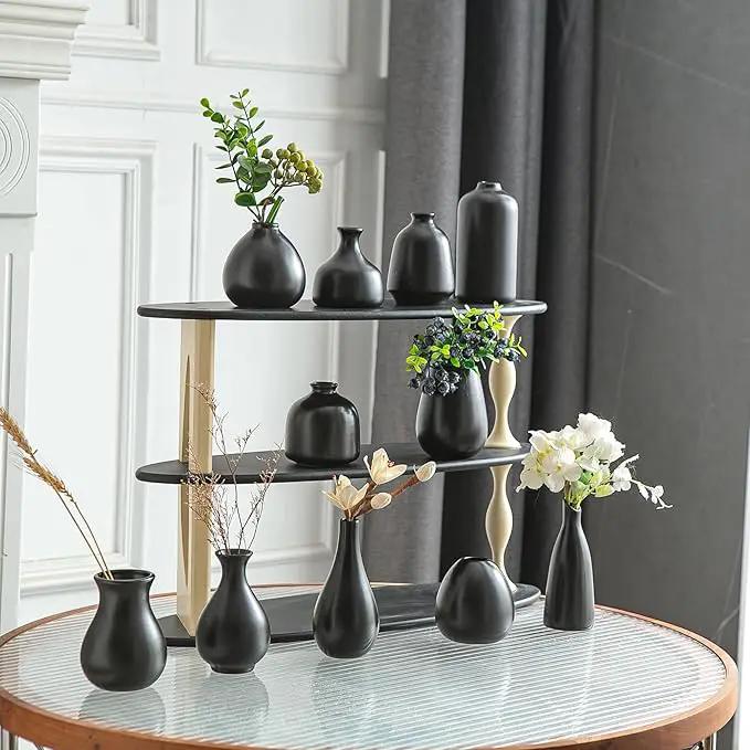 JOJUNO Black Bud Vases, Small Ceramic Vase Set of 11, Mini Pottery Vases for Flowers, Decorative Pieces for Home Modern Decor, Boho Decor, Chic Accents for Living Room Dining Table Shelves by GreenHaven Gardens