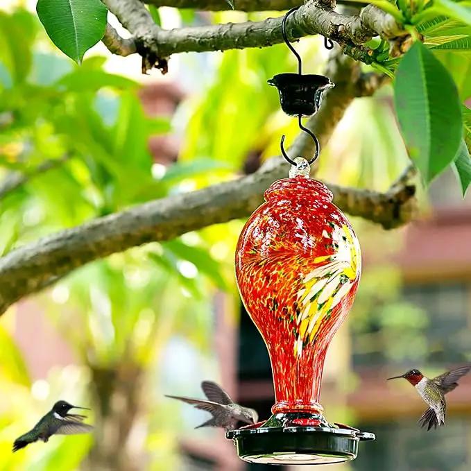 LUJII Hummingbird Feeders for Outdoors, Hand Blown Glass, Never Fade, 36 Fluid Ounces, 5 Feeding Stations, Much Bigger, Garden Backyard Decorative, Containing Ant Moat (Red) by GreenHaven Gardens