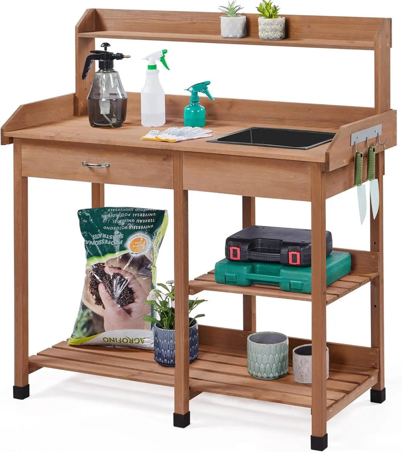 Yaheetech Potting Bench Outdoor Garden Work Bench Station Planting Solid Wood Construction for Horticulture w/Sink Drawer Rack Shelves Brown by GreenHaven Gardens